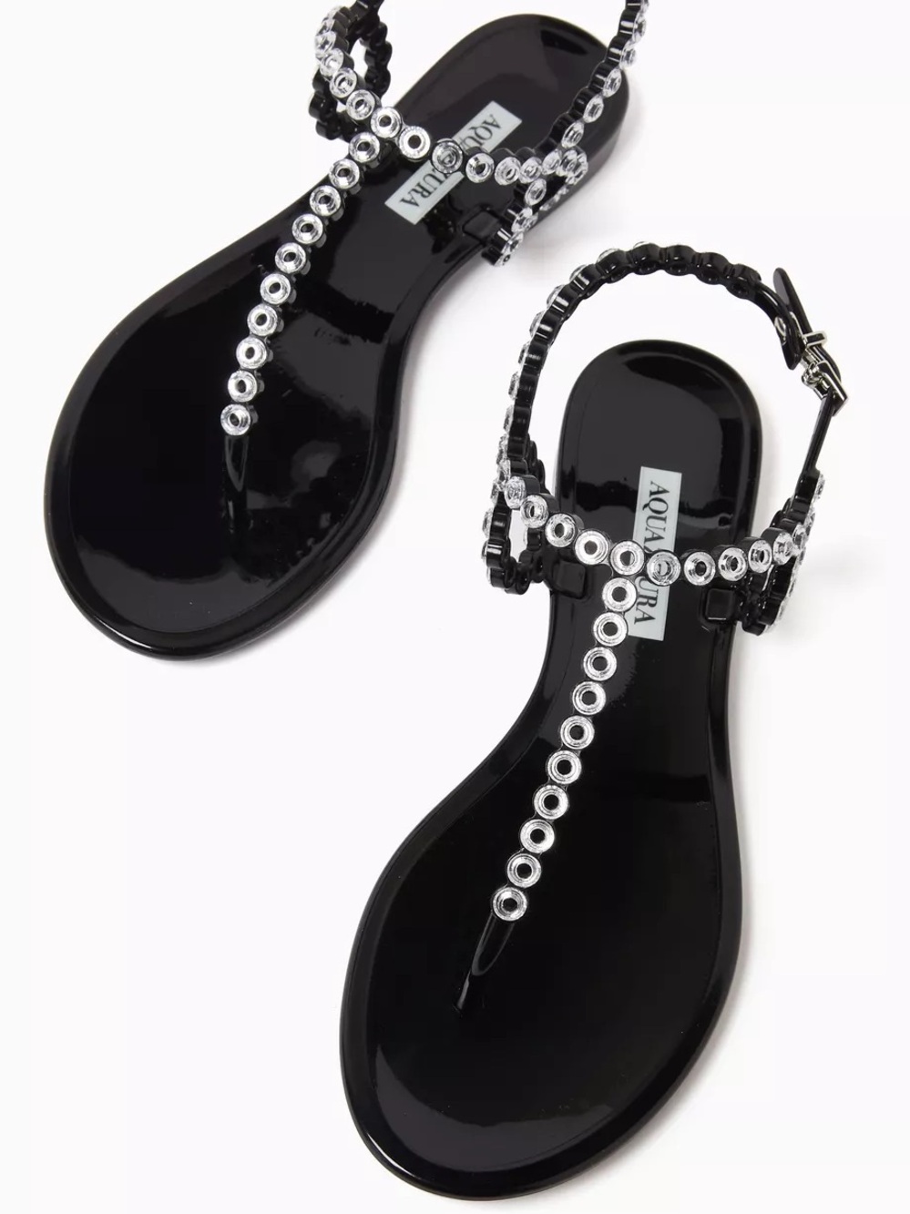 Aquazzura Black Patent T-Strap Sandals with Silver Eyelet Accents